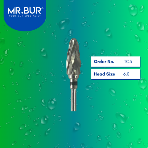 Mr. Bur Tungsten Carbide Tungsten Especial Bur TC5, 6.0mm, ensures precise trimming, efficient material shaping, and smooth contouring for dental prosthetics.