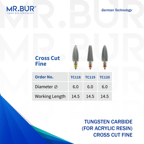 Mr. Bur Fine Cross Cut Tungsten Carbide Bur for Acrylic Resin, available in 3 variants, ensures precise shaping, smooth cutting, and detailed finishing for efficient material removal.