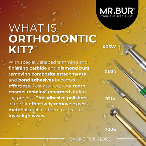 This picture explain what is orthodontic kit, it is a set of bur with specially shaped trimming and finishing carbide and diamond burs, removing composite attachments and bond adhesives becomes effortless. Mr. Bur Orthodontic kit is one of the best choices in the market.