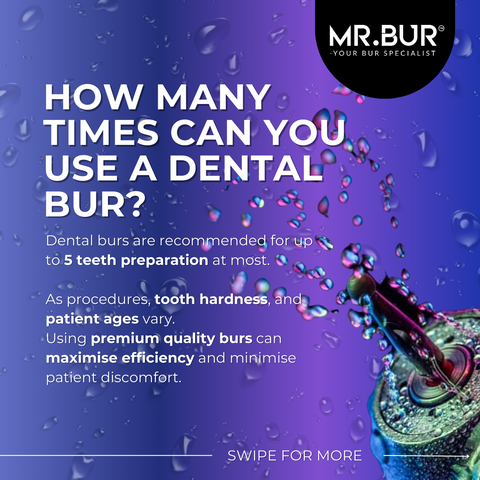 This image shows how many times can you use a dental bur, 5 teeth preparations at most.