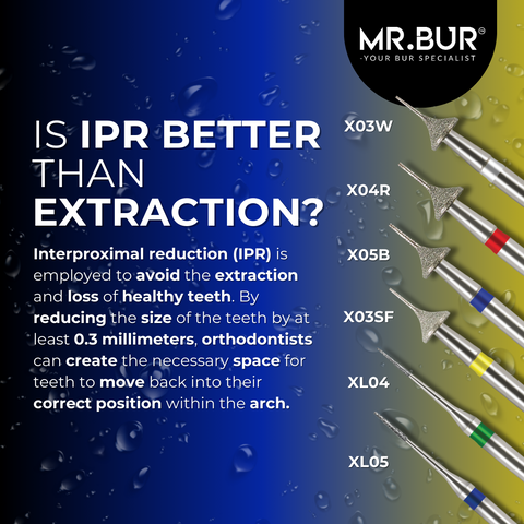 This picture explain is IPR better than extraction, Interproximal reduction (IPR) is employed to avoid the extraction and loss of healthy teeth. Mr Bur IPR bur is one of the best choices for Interproximal reduction.  