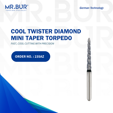 This is the Mr. Bur Ogival End Taper Spiral Cool Cut Super Coarse Short FG Diamond Bur, designed for crown and bridge procedures, crown preparation, and sterilizable for multiple uses