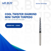 This is the Mr. Bur Ogival End Taper Spiral Cool Cut Super Coarse Short FG Diamond Bur, designed for crown and bridge procedures, crown preparation, and sterilizable for multiple uses