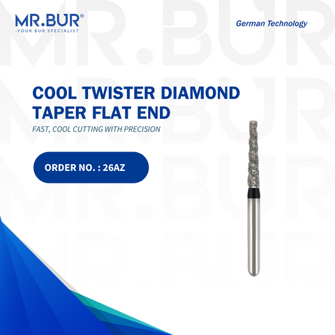 This is the Mr. Bur Spiral Cool Cut Super Coarse Taper Flat End FG Diamond Bur, an essential tool for crown and bridge work, crown preparation, and sterilizable for repeated use