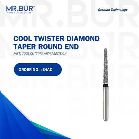 This is the Mr. Bur Spiral Cool Cut Super Coarse Taper Round End FG Diamond Bur, expertly designed for crown and bridge work, crown preparation, veneer preparation, and sterilizable for multiple uses.