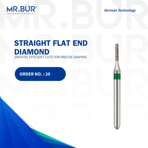 This is the Cylinder Flat End Coarse FG diamond bur, sold by Mr. Bur, designed for crown preparation and fully sterilizable for precise and durable dental procedures.