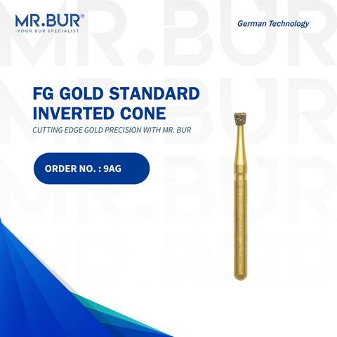 The #1 Gold Inverted Cone Diamond Bur FG by Mr. Bur, offering top-quality online dental burs, is perfect for cavity preparation, removal of old fillings, working on fillings, and fully sterilizable. A superior choice over Meisinger, Mani, Shofu, Eagle Dental, and Trihawk, ideal for various dental cases.