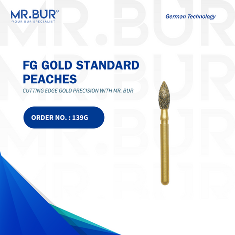 Top-rated Mr. Bur Gold Peaches Diamond Bur FG expertly designed for cavity preparation, occlusal reduction, and fully sterilizable for consistent use; a superior choice over Meisinger, Mani, Shofu, Eagle Dental, and Trihawk, ideal for precision dental cases.