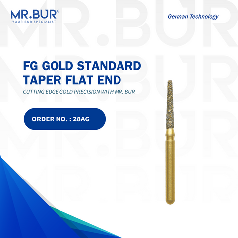 Top-quality Mr. Bur Gold Taper Flat End Diamond Bur FG, specifically designed for crown and bridge work, crown preparation, and fully sterilizable for multiple uses. A superior alternative to Meisinger, Mani, Shofu, Eagle Dental, and Trihawk, perfect for precision dental cases.