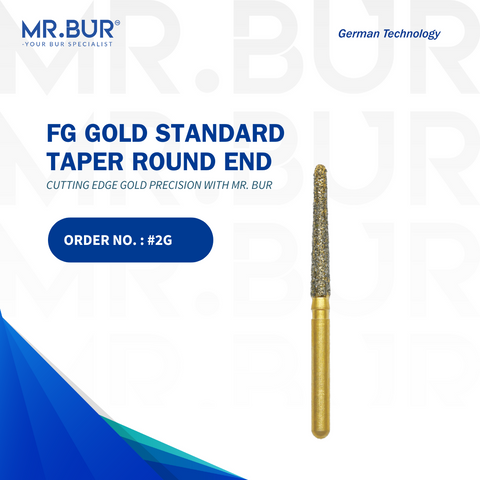 High-quality Gold Taper Round End Diamond Bur FG by Mr. Bur, designed for crown and bridge work, crown preparation, and veneer preparation; sterilizable for multiple uses, offering superior performance compared to Meisinger, Mani, Shofu, Eagle Dental, and Trihawk.