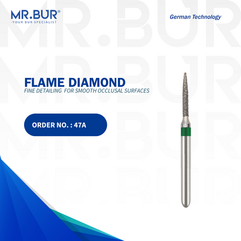 The Mr Bur Flame Coarse FG diamond bur, Mr. Bur is a top-tier international dental bur supplier, ideal for crown and bridge work, crown preparation, veneer preparation, and fully sterilizable for long-term use.