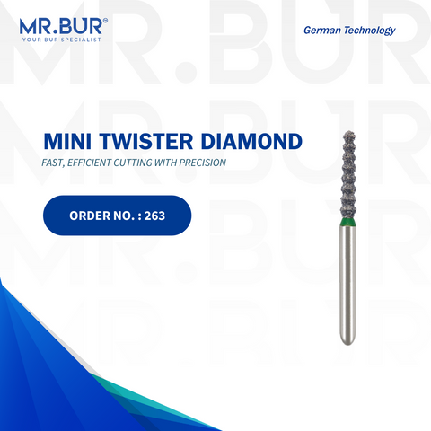 The #1 Best Mini Bulk Reduction Twister Coarse Diamond Bur FG by Mr. Bur, ideal for crown cutting and fully sterilizable. This high-quality bur outperforms competitors like Meisinger, Mani, Shofu, Eagle Dental, and Trihawk, making it the preferred choice for dental professionals.