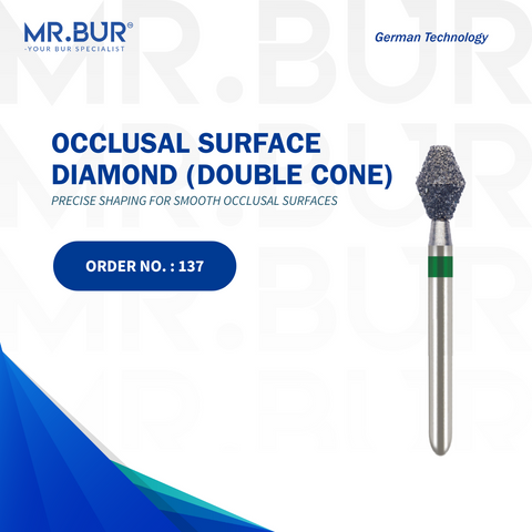 The #1 Best Occlusal Surface Reduction Double Cone Coarse Diamond Bur FG by Mr. Bur, ideal for cavity preparation, crown and bridge work, crown preparation, and occlusal reduction. This sterilizable bur offers superior precision and durability, making it a better choice than competitors like Meisinger, Mani, Shofu, Eagle Dental, and Trihawk for dental professionals.