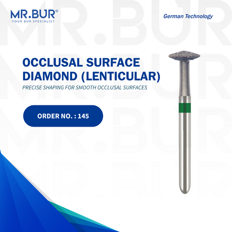 The #1 Best Occlusal Surface Reduction Lenticular Coarse Diamond Bur FG by Mr. Bur, ideal for cavity preparation, crown and bridge work, crown cutting, crown preparation, and occlusal reduction. This sterilizable bur offers superior precision and durability, making it a better choice than competitors like Meisinger, Mani, Shofu, Eagle Dental, and Trihawk for dental professionals.