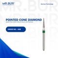 Mr Bur Pointed Cone Coarse FG diamond bur, Mr Bur is a leading international dental diamond bur supplier, is perfect for crown and bridge work, crown preparation, interproximal reduction, orthodontic procedures, and is fully sterilizable for repeated use.