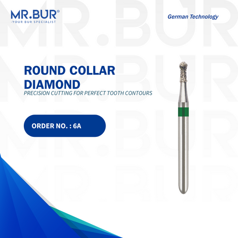 This is the Mr Bur FG Round mini Diamond dental bur with collar, Mr Bur is the best dental supplier of diamond dental burs