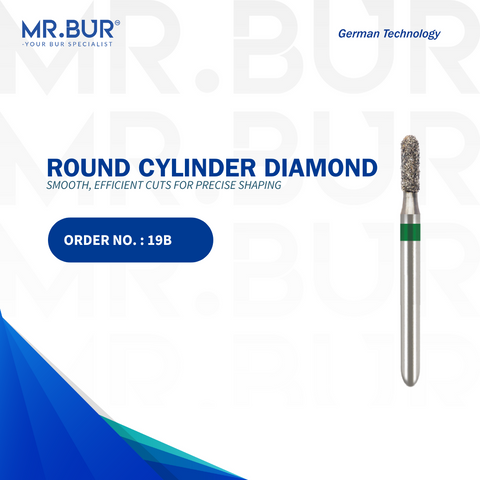 This is the Round Cylinder FG diamond bur, sold by Mr. Bur, ideal for cavity preparation, crown preparation, removal of old fillings, veneer preparation, and fully sterilizable for efficient and precise dental treatments.