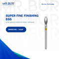 The #1 Super Fine Finishing Egg Diamond Bur FG by Mr. Bur, designed for cavity preparation, debonding, occlusal reduction, removal of old fillings, and working on fillings. This fully sterilizable bur offers superior performance compared to Meisinger, Mani, Shofu, Eagle Dental, and Trihawk, making it ideal for various dental procedures.