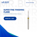 The #1 Super Fine Finishing Flame Diamond Bur FG by Mr. Bur, designed for cavity preparation, debonding, occlusal reduction, removal of old fillings, and working on fillings. Sterilizable for multiple uses, it surpasses Meisinger, Mani, Shofu, Eagle Dental, and Trihawk, delivering precision and efficiency in various dental cases.