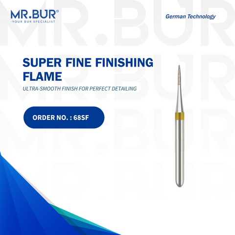 The #1 Super Fine Finishing Flame Diamond Bur FG by Mr. Bur, designed for cavity preparation, debonding, occlusal reduction, removal of old fillings, and working on fillings. Sterilizable for multiple uses, it surpasses Meisinger, Mani, Shofu, Eagle Dental, and Trihawk, delivering precision and efficiency in various dental cases.