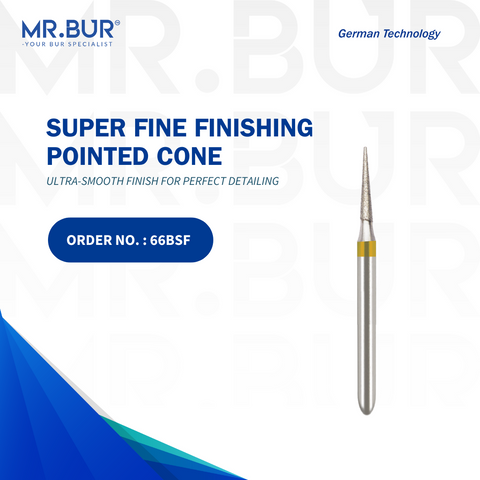 The #1 Super Fine Finishing Pointed Cone Diamond Bur FG by Mr. Bur, designed for cavity preparation, debonding, occlusal reduction, removal of old fillings, and working on fillings. Sterilizable and highly durable, it outperforms options from Meisinger, Mani, Shofu, Eagle Dental, and Trihawk, making it ideal for various dental procedures.