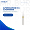 The #1 Super Fine Finishing Super Needle Diamond Bur FG by Mr. Bur, designed for cavity preparation, debonding, occlusal reduction, removal of old fillings, and working on fillings. Sterilizable for repeated use, it provides superior performance compared to Meisinger, Mani, Shofu, Eagle Dental, and Trihawk, ensuring precision and efficiency in dental procedures.