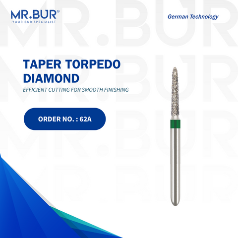 The #1 Best Taper Torpedo Coarse Diamond Bur FG by Mr. Bur, ideal for crown and bridge work, crown preparation, and veneer preparation. This sterilizable bur offers superior performance and precision, making it a better choice than competitors like Meisinger, Mani, Shofu, Eagle Dental, and Trihawk for dental professionals.