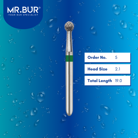 Mr. Bur 801 Round diamond bur 5 are tools used in many dental procedures. ISO 806 314 534 021 FG, Their round heads are ideal for excavating tissue during cavity preparation, opening teeth for endodontic treatment, general cleaning of tooth structure from caries, and selective grinding.