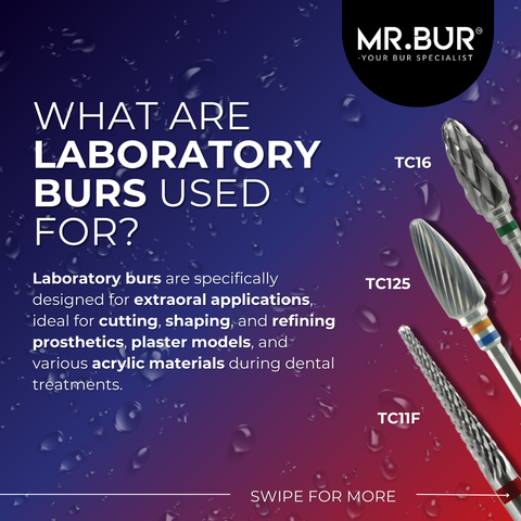 This picture explain what are laboratory burs used for, Mr Bur laboratory burs are specifically designed for extraoral applications, ideal for cutting, shaping, and refining prosthetics, plaster models, and various acrylic materials during dental treatments.