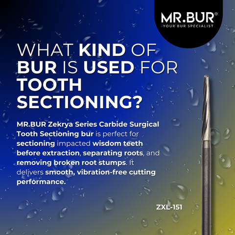 This picture shows what kind of bur is used for tooth sectioning, Mr Bur zekrya series carbide surgical tooth sectioning bur is perfect for sectioning impacted wisdom teeth before extraction, separating roots, and removing broken root stumps.