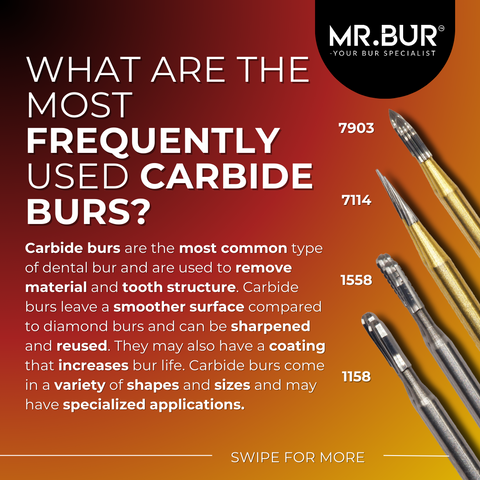 This picture explain What are the most frequently used carbide burs, carbide burs come in a variety of shapes and sizes and may have specialized applications,  Mr Bur carbide bur is one of the best choices compare to brand such as Komet, Eagle Dental, Meisinger, Shofu and Henry Schein.