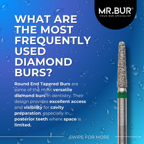 This picture shows what are the the most frequently used diamond burs. Mr bur round end tapered burs is one of the most demanded bur in dentistry.   