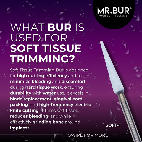 This picture explain what is a bur used for soft tissue trimming. Mr Bur Soft Tissue Trimming Bur is the best choices for high cutting compare to brand such as Komet, Eagle Dental, Meisinger, Jota and Henry Scheinuiring soft tissue reshaping or removal.