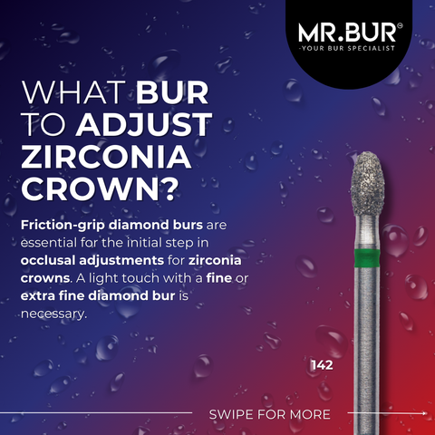 This picture explain what bur to adjust zirconia crown, Mr Bur diamond bur fg is one of the best choices to adjust zirconia. 