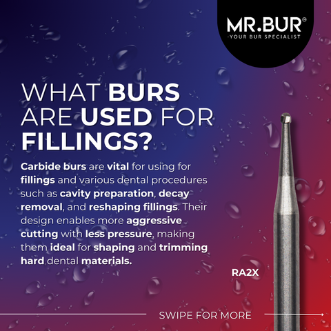 This picture explain what burs are use of fillings, Mr. Bur RA2X round carbide burs are good for cavity preparation, decay removal, and reshaping fillings 