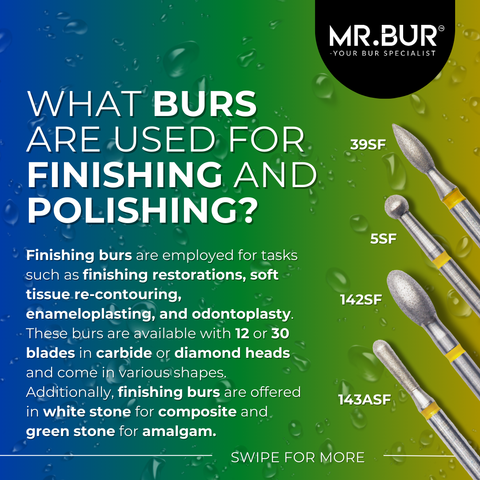 This picture explain what burs are used for finishing and polishing, Finishing burs are employed for tasks such as finishing restorations, soft tissue re-contouring, enameloplasting, and odontoplasty.  