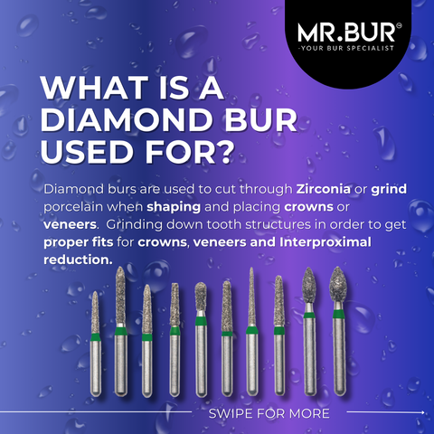 Best quality diamond burs with varieties of shapes & sizes that able to use on multiple dental procedure including cavity preparation, crown cutting and endo access.