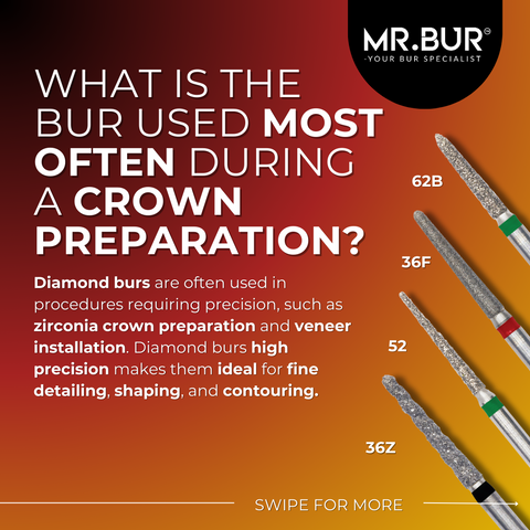 This picture shows what is the bur used most often during a crown preparation, Mr Bur diamond bur is one of the best choices for crown preparation and veneer installation.