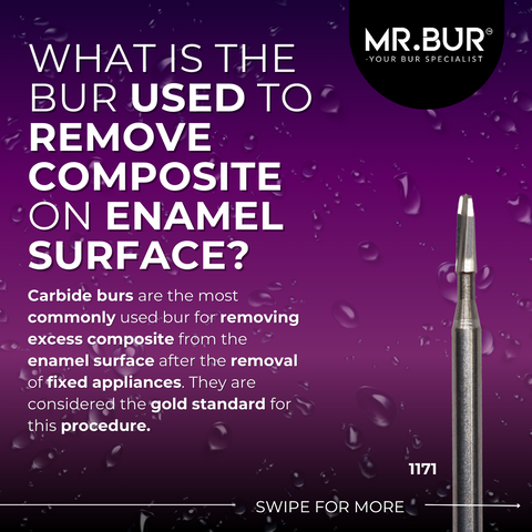 This picture explain what is the bur used to remove composite on enamel surface, Mr Bur taper round plain cut is the best choices for removing excess composite