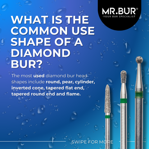 This picture explain what is the common use shape of a dental bur, and the shapes include round, pear, cylinder, inverted cone, tapered flat end, tapered round end, flame