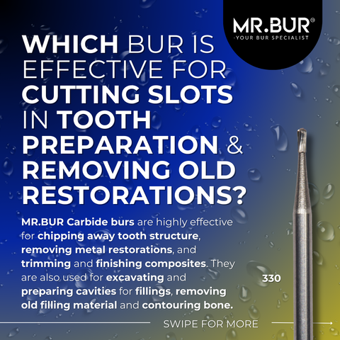 This picture explain which bur is effective for cutting slots in tooth preparation and removing old restorations. Mr Bur 330 pear carbide bur fg is one of the best choices for tooth preparations.