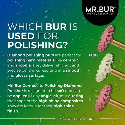 This picture explain which bur is used for polishing. Mr. Bur are known for their composite polishing diamond polisher that is designed to be soft and can be applied at any angle without altering the shape of the high-shine composites. 