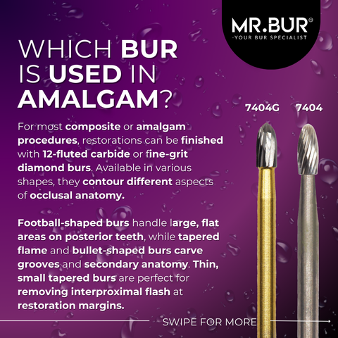 This picture explain what burs are used in amalgam using Mr bur carbide finishing burs and fine grit diamond burs.